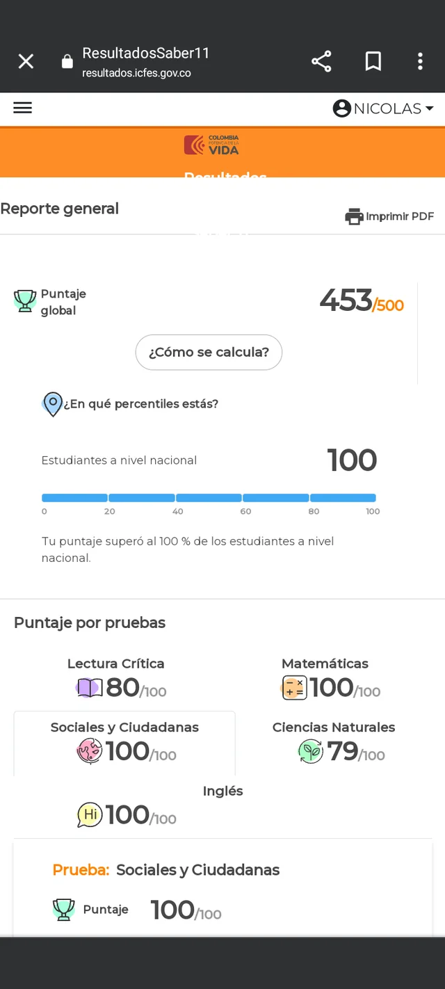 Puntaje ICFES estudiante Grupo500